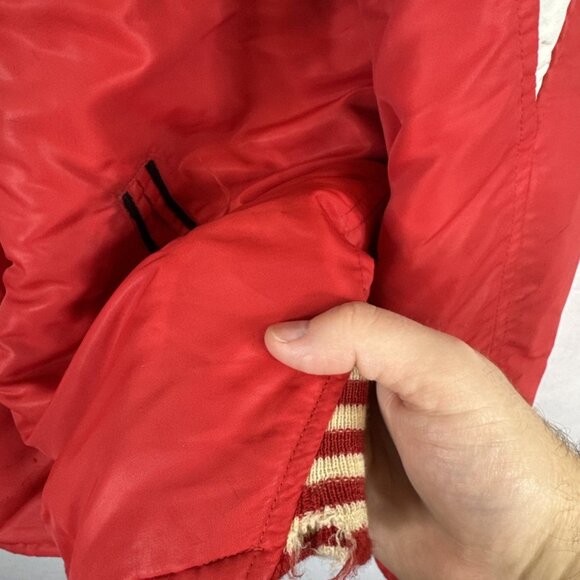 Vintage 1973–74 Sportsmen Red Varsity Jacket Raglan Sleeve Distress Streetwear L - Picture 4 of 10